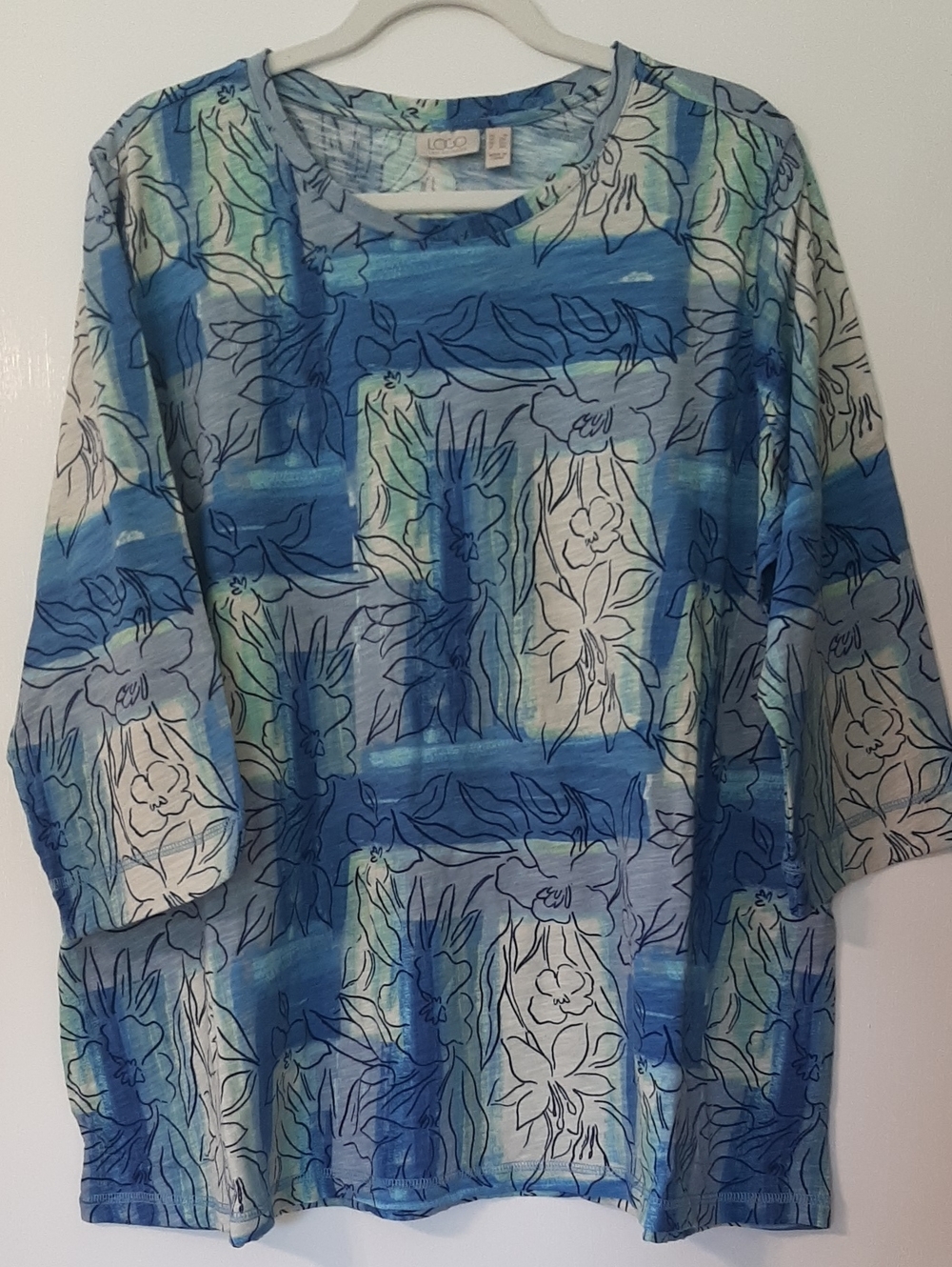LOGO by Lori Goldstein 1 XL Blue Floral Brushstroke Siona Quarter Sleeve Top